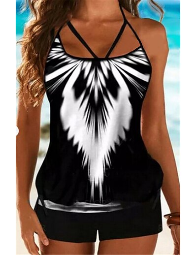 cheap Plus size-Women&#039;s Swimwear Tankini 2 Piece Plus Size Swimsuit Gradient Color Open Back Printing High Waisted for Big Busts White Blue Yellow Strap Camisole Bathing Suits Vacation Fashion New / Modern