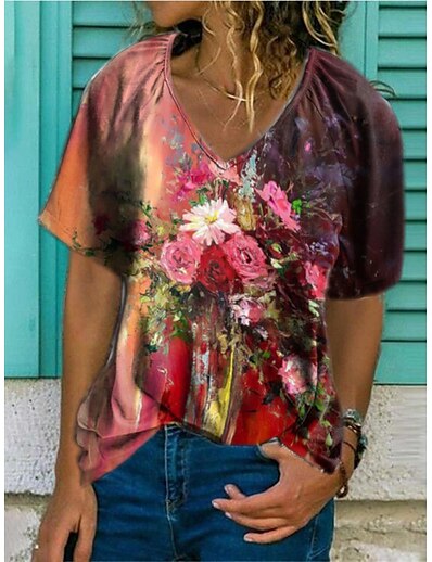 cheap Women&#039;s Tops-Women&#039;s T shirt Floral Theme Geometric Plants Graphic Flower V Neck Patchwork Print Sexy Hawaiian Beach Tops Red / 3D Print