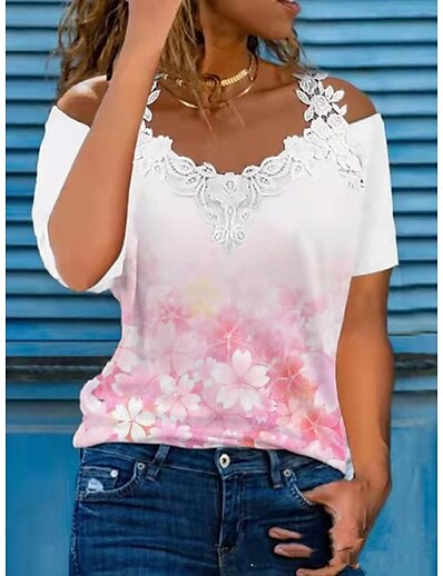 preiswerte Damenmode-Damen Bluse T-Shirt Bedruckt Täglich Blume T-Shirt Ärmel Schulterfrei Sommer Standard Weiß