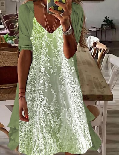 cheap Dresses-Women&#039;s Midi Dress Two Piece Dress Green Long Sleeve Print Floral V Neck Spring Summer Party Party Stylish 2022 S M L XL XXL 3XL / Party Dress