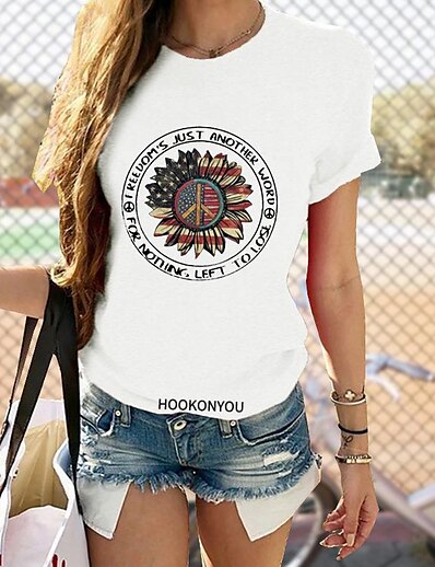 cheap Women&#039;s Tops-2022 foreign trade july 4th american independence day round neck plus size female short sleeve sunflower sunflower print
