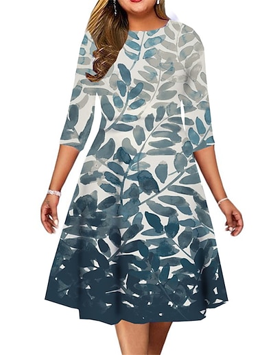 cheap Plus size-Women&#039;s Plus Size Leaf A Line Dress Print Round Neck 3/4 Length Sleeve Casual Spring Summer Causal Daily Midi Dress Dress
