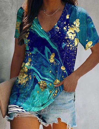 cheap Women&#039;s Tops-Women&#039;s T shirt Geometric Painting Striped Galaxy Graphic V Neck Patchwork Print Beach Tops Blue / 3D Print