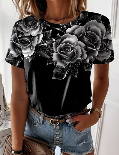 cheap Women&#039;s Tops-Women&#039;s Casual Holiday Weekend T shirt Tee Painting Short Sleeve Floral Round Neck Print Basic Tops Green Black Blue S / 3D Print
