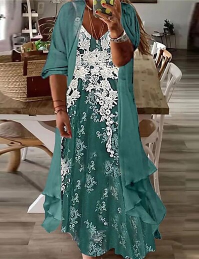 cheap Plus size-Women&#039;s Plus Size Floral A Line Dress Print V Neck Half Sleeve Casual Spring Summer Daily Vacation Maxi long Dress Dress