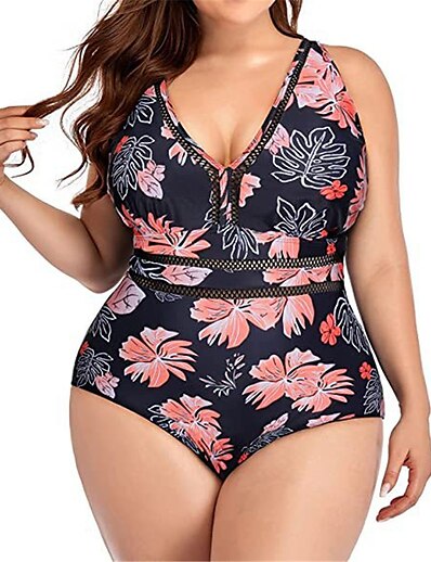 cheap Plus size-Women&#039;s Swimwear One Piece Monokini Bathing Suits Plus Size Swimsuit Floral Tummy Control Open Back Black Rosy Pink V Wire Bathing Suits Vacation Fashion New / Modern / Padded Bras
