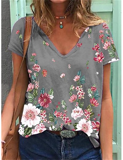 cheap Women&#039;s Tops-Women&#039;s T shirt Floral Theme Butterfly Graphic Butterfly Flower V Neck Basic Tops Green White Black / 3D Print