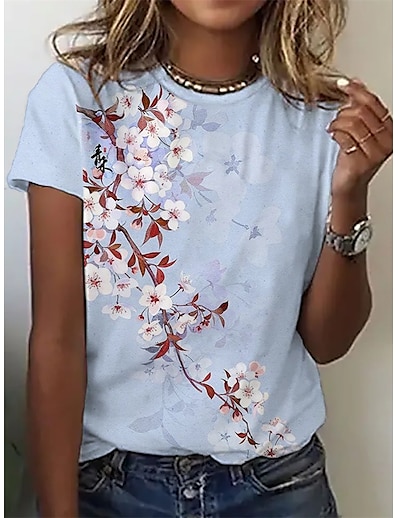cheap Women&#039;s Tops-Women&#039;s Casual Daily T shirt Tee Floral Short Sleeve Floral Plants Round Neck Print Basic Tops Blue S / 3D Print