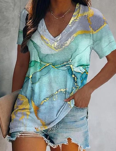 cheap Best Selling Tops-Women&#039;s T shirt Geometric Painting Striped Galaxy Graphic V Neck Patchwork Print Sexy Beach Tops Light Blue / 3D Print
