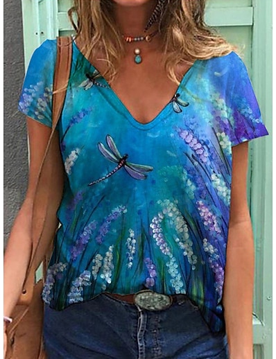 cheap Women&#039;s Tops-Women&#039;s T shirt Floral Theme Butterfly Painting Butterfly Sunflower Daisy V Neck Print Basic Tops Blue Black Purple / 3D Print