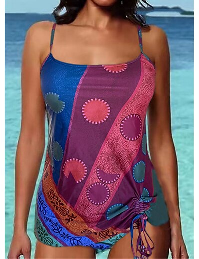 cheap Plus size-Women&#039;s Swimwear One Piece Monokini Bathing Suits Plus Size Swimsuit Geometric Open Back Printing for Big Busts Green Red Brown Strap Bathing Suits Ethnic Style Vacation New / Fashion / Modern