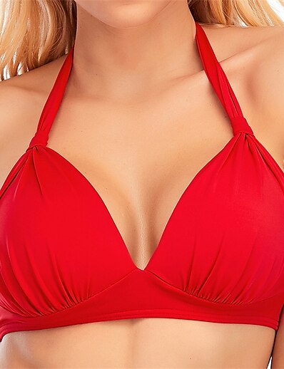 cheap Plus size-Women&#039;s Swimwear Bikini Bikini Top Plus Size Swimsuit Pure Color Open Back string for Big Busts Red V Wire Bathing Suits Vacation Fashion New / Sexy / Padded Bras