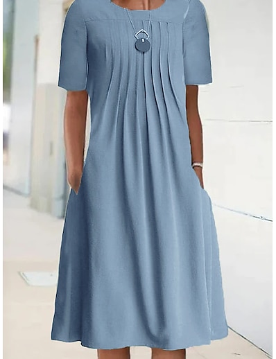 cheap Dresses-Women&#039;s Knee Length Dress A Line Dress Green Blue Short Sleeve Ruched Solid Color Crew Neck Summer Vintage 2022 S M L XL XXL 3XL 4XL 5XL