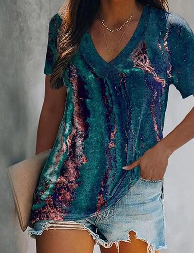 cheap Women&#039;s Tops-Women&#039;s T shirt Geometric Painting Striped Galaxy Graphic V Neck Patchwork Print Sexy Beach Tops Royal Blue / 3D Print