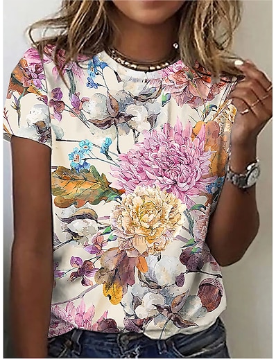 cheap Women&#039;s Tops-Women&#039;s T shirt Floral Round Neck Patchwork Print Basic Tops Rainbow / 3D Print