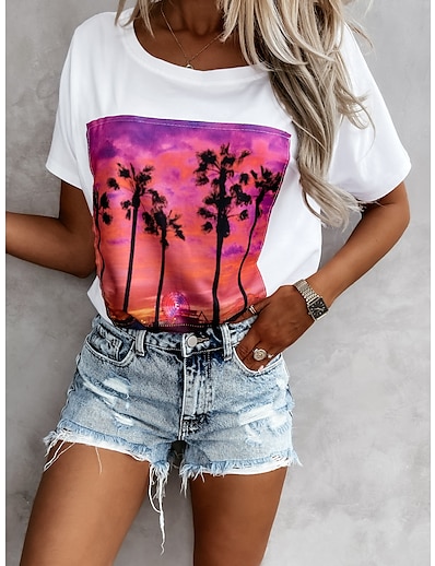 cheap Tees &amp; T Shirts-Women&#039;s T shirt Floral Theme Painting Graphic Round Neck Print Basic Tops White Black Purple