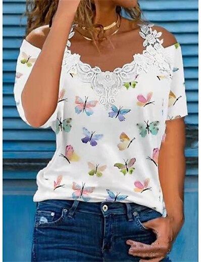 preiswerte Damenmode-Damen T-Shirt Schulterfrei Spitze Täglich Schmetterling T-Shirt Ärmel Schulterfrei Sommer Regulär Weiß