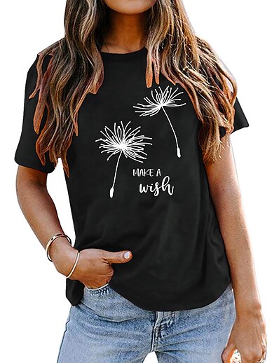 cheap Women&#039;s Tops-Women&#039;s Daily Going out Weekend T shirt Tee Short Sleeve Graphic Dandelion Letter Round Neck Print Basic Tops 100% Cotton Green White Black S