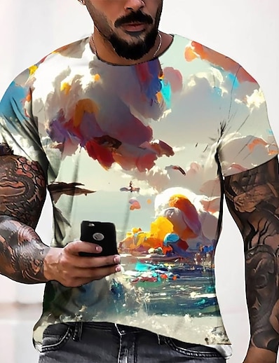 hesapli Erkekler 3D-Erkek Tişörtler T gömlek Grafik 3D Baskı Yuvarlak Yaka Günlük Hafta sonu Kısa Kollu 3D Baskı Üstler Moda Tasarımcı Havalı Rahat Turuncu / Yaz