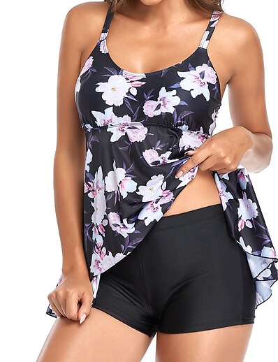 cheap Plus size-Women&#039;s Swimwear Tankini 2 Piece Plus Size Swimsuit Floral Leaf Backless Water Sports Printing High Waisted string Green White Black Blue Yellow Scoop Neck Padded Bathing Suits Vacation Fashion New