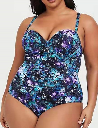 cheap Plus size-Women&#039;s Swimwear One Piece Monokini Bathing Suits Plus Size Swimsuit Graphic Tummy Control Open Back Printing High Waisted Blue V Wire Bathing Suits Vacation Fashion Sexy / Modern / New / Padded Bras