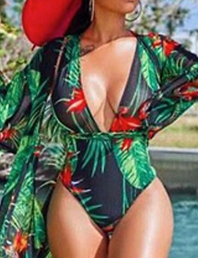 cheap Plus size-Women&#039;s Swimwear One Piece Monokini Bathing Suits Plus Size Swimsuit Leaves Open Back Printing for Big Busts Green Plunge Bathing Suits Vacation Fashion Sexy / Modern / New / Padded Bras
