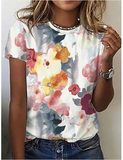 cheap Women&#039;s Tops-Women&#039;s T shirt Floral Round Neck Patchwork Print Basic Tops White / 3D Print