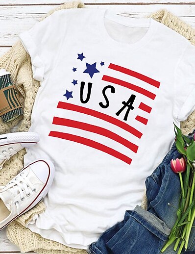 cheap Women&#039;s Tops-Women&#039;s T shirt Painting Text USA National Flag Round Neck Print Basic Tops Blue White Wine