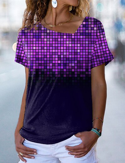 cheap Women&#039;s Tops-Women&#039;s T shirt Geometric Painting Plaid V Neck Print Basic Tops Green Blue Purple / 3D Print