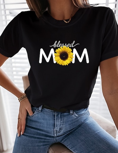 cheap Women&#039;s Tops-Women&#039;s Casual Weekend T shirt Tee Floral Painting Short Sleeve Text Sunflower Round Neck Print Basic Tops White Black S