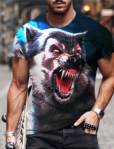 cheap Men&#039;s Tops-Men&#039;s Unisex T shirt Tee Graphic Prints Wolf Animal 3D Print Crew Neck Street Daily Short Sleeve Print Tops Casual Designer Big and Tall Sports Blue / Summer