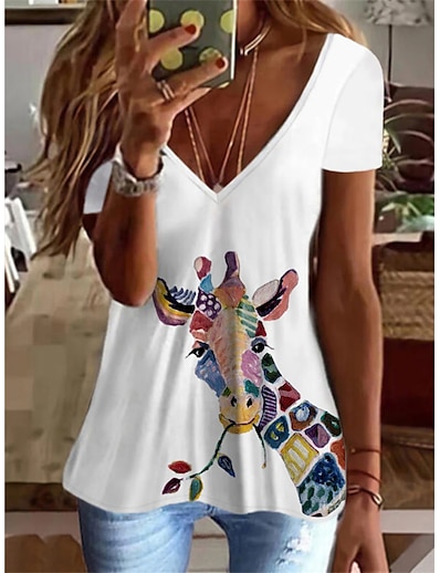 cheap Women&#039;s Tops-Women&#039;s T shirt Animal V Neck Patchwork Print Basic Tops White / 3D Print