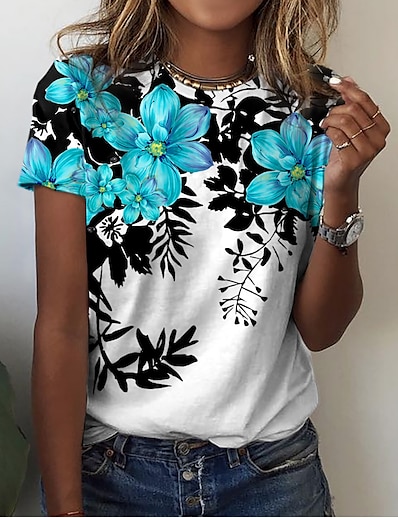 billige Topper til damer-Dame T skjorte Blomster Tema Maling Blomstret Rund hals Trykt mønster Grunnleggende Topper Blå Lilla Rosa / 3D-utskrift