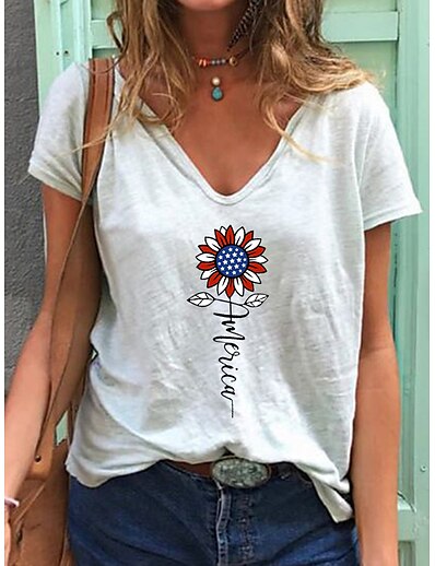 cheap Women&#039;s Tops-Women&#039;s T shirt Floral Plants V Neck Print Basic Tops White