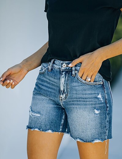 cheap Women&#039;s Bottoms-Women&#039;s Fashion Side Pockets Cut Out Jeans Shorts Hot Pants Short Pants Micro-elastic Weekend Streetwear Denim Solid Color Mid Waist Comfort Blue S L XL