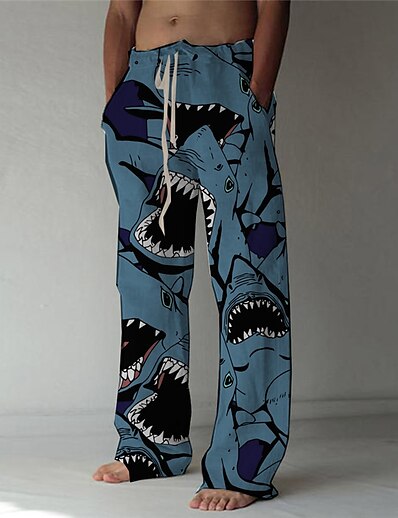 cheap Men&#039;s Bottoms-Men&#039;s Designer Fashion 3D Print Elastic Drawstring Design Front Pocket Straight Trousers Pants Casual Daily Graphic Prints Shark Mid Waist Comfort Soft Blue S M L XL XXL / Animal