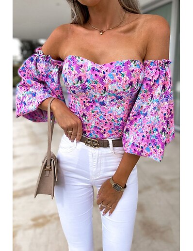 cheap Women&#039;s Tops-Women&#039;s Crop Top Blouse Shirt Floral Floral Off Shoulder Off Shoulder Print Casual Streetwear Hawaiian Tops Purple Red / 3D Print