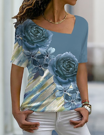 billige Topper til damer-Dame T skjorte Blomster Tema Maling Blomstret V-hals Trykt mønster Grunnleggende Topper Grønn Blå Lilla / 3D-utskrift