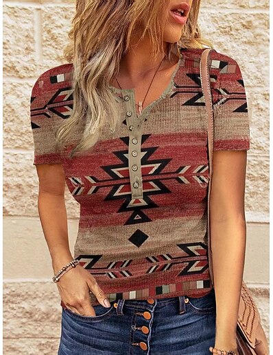 cheap Women&#039;s Tops-Women&#039;s Henley Shirt T shirt Bohemian Theme Geometric Painting Striped Plaid Tribal Round Neck Patchwork Print Ethnic Vintage Sexy Tops Red / 3D Print