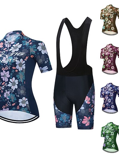 cheap Cycling-21Grams® Women&#039;s Cycling Jersey with Bib Shorts Short Sleeve Mountain Bike MTB Road Bike Cycling Green Purple Dark Navy Floral Botanical Bike Spandex Polyester Clothing Suit 3D Pad Breathable Quick