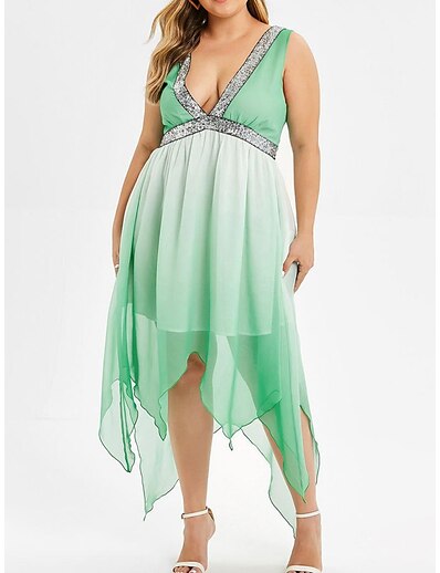 cheap Plus size-Women&#039;s Plus Size Color Block A Line Dress Sequins V Neck Sleeveless Basic Casual Sexy Spring Summer Daily Weekend Midi Dress Dress