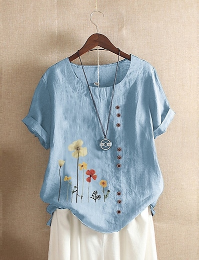 cheap Women&#039;s Tops-Women&#039;s Blouse Henley Shirt Shirt Floral Floral Round Neck Print Tops Green White Blue