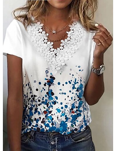 cheap Women&#039;s Tops-Women&#039;s T shirt Painting Tie Dye V Neck Lace Print Basic Tops White / 3D Print