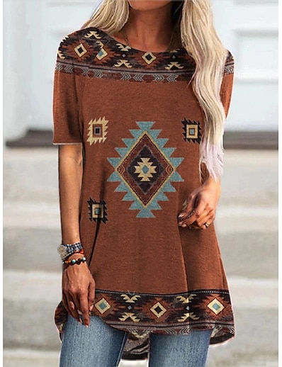 cheap Women&#039;s Tops-Women&#039;s T shirt Bohemian Theme Geometric Plaid Tribal Round Neck Print Ethnic Vintage Boho Tops Loose Brown / 3D Print