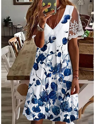 cheap Dresses-Women&#039;s Knee Length Dress A Line Dress Green Blue Pink Short Sleeve Print Floral V Neck Spring Summer Casual Modern 2022 S M L XL XXL 3XL