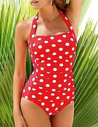 cheap Swimwear-Women&#039;s Swimwear One Piece Monokini Bathing Suits Normal Swimsuit Polka Dot Tummy Control High Waisted Red Padded Bathing Suits Vacation Sexy Sports / New