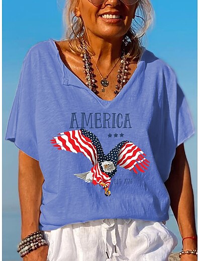 cheap Women&#039;s Tops-Women&#039;s T shirt Painting Text American Flag V Neck Print Basic Tops Green White Black