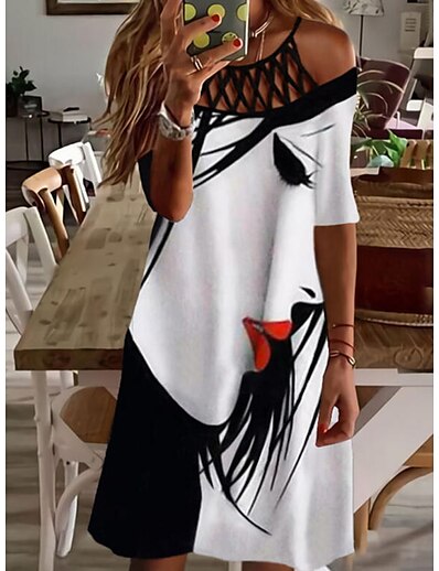 cheap Dresses-Women&#039;s Knee Length Dress A Line Dress White Short Sleeve Patchwork Print Color Block Off Shoulder Spring Summer Casual 2022 S M L XL XXL 3XL
