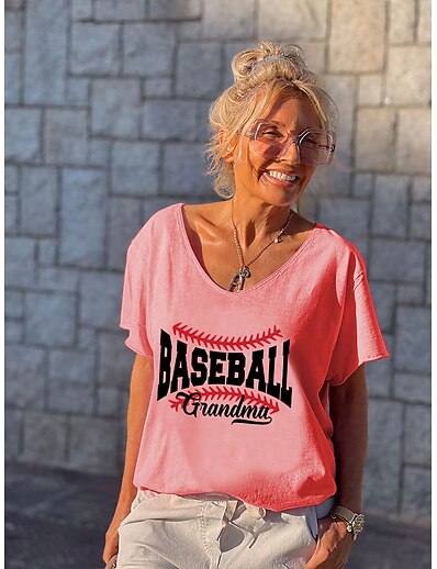 cheap Women&#039;s Tops-Women&#039;s T shirt Painting Text Baseball V Neck Print Basic Tops Green White Black