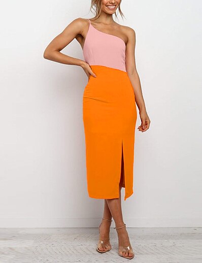 cheap Dresses-Women&#039;s Knee Length Dress Sheath Dress Pink Orange Sleeveless Backless Split Patchwork Color Block One Shoulder Summer Stylish Elegant Casual 2022 Slim S M L XL / Party